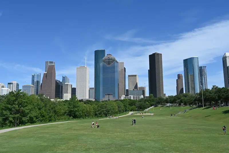 The downtown Houston skyline seen from Buffalo Bayou Park, in black and white